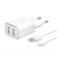 Сетевое зарядное устройство Deppa 2 USB 2.4А + кабель Lightning, MFI, (Белый)