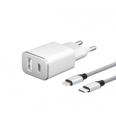 Сетевое зарядное устройство Deppa USB Type-C + USB A,PD 3.0, 18Вт, дата-кабель USB-C - Lightning (MFI) нейлон (Белый)