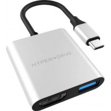 Переходник HyperDrive 4K HDMI 3-in-1 для Macbook Type-C. Порты: 4K/30Hz HDMI, USB-C Power Delivery, USB-A (Серебристый)