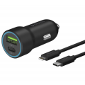 Автомобильное зарядное устройство Deppa USB-C + USB A, PD 3.0, QC 3.0, 20W, дата-кабель USB-C - Lightning (MFI), 1.2м (Черный)